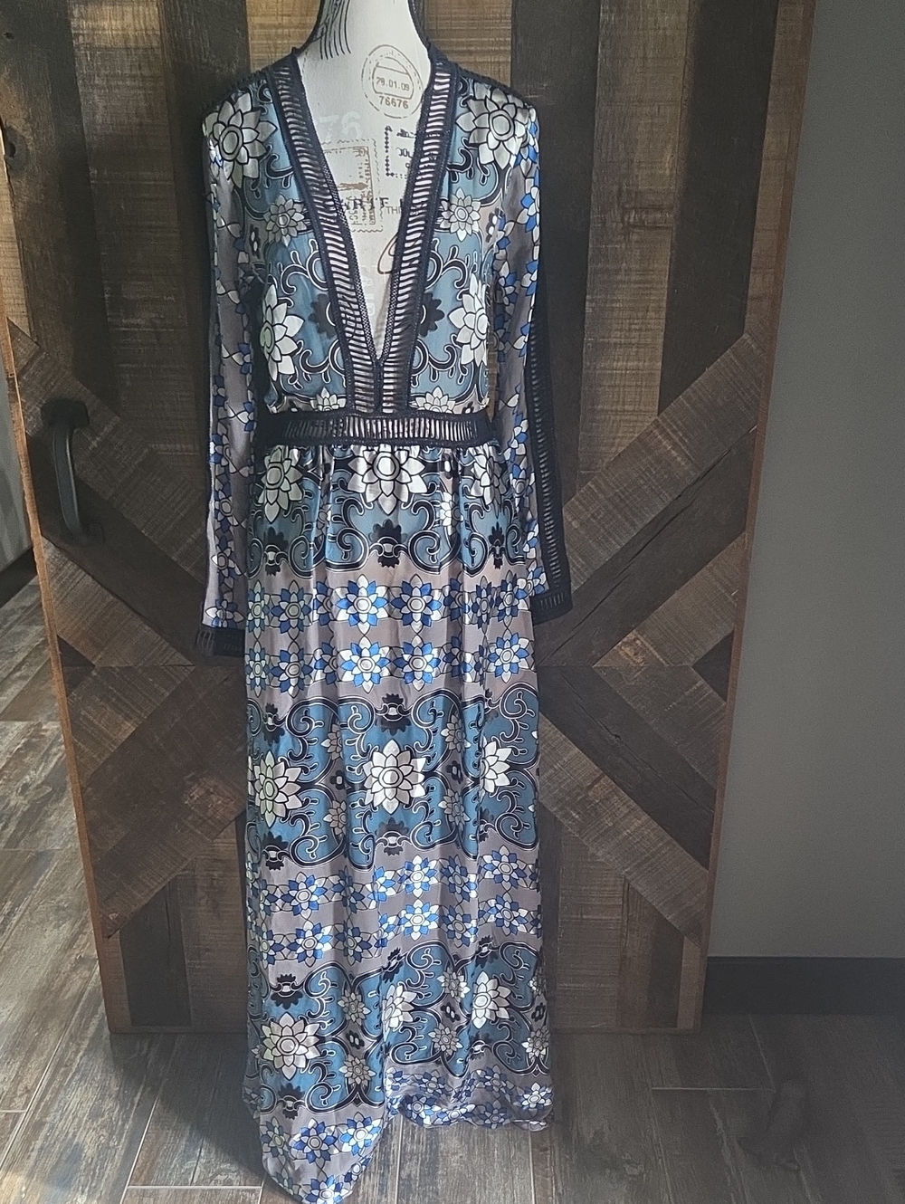For Love And Lemons Blue Floral V-Neck Maxi Dress